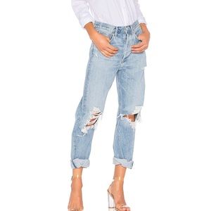 Agolde 90s mid rise loose fit button fly distressed light wash cotton jeans